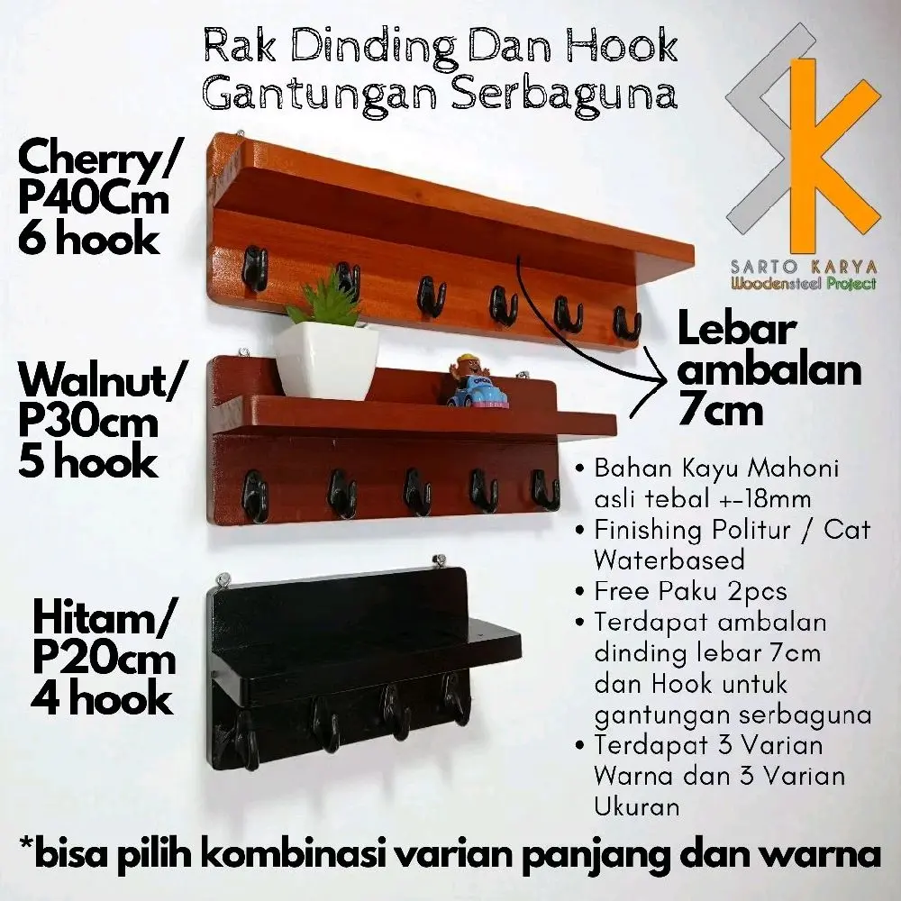 Rak Dinding Ambalan Dan Hook Gantungan Serbaguna / Gantungan Kunci / Gantungan Baju / Gantungan Tas dll. Bahan Kayu Mahoni Finishing Politur