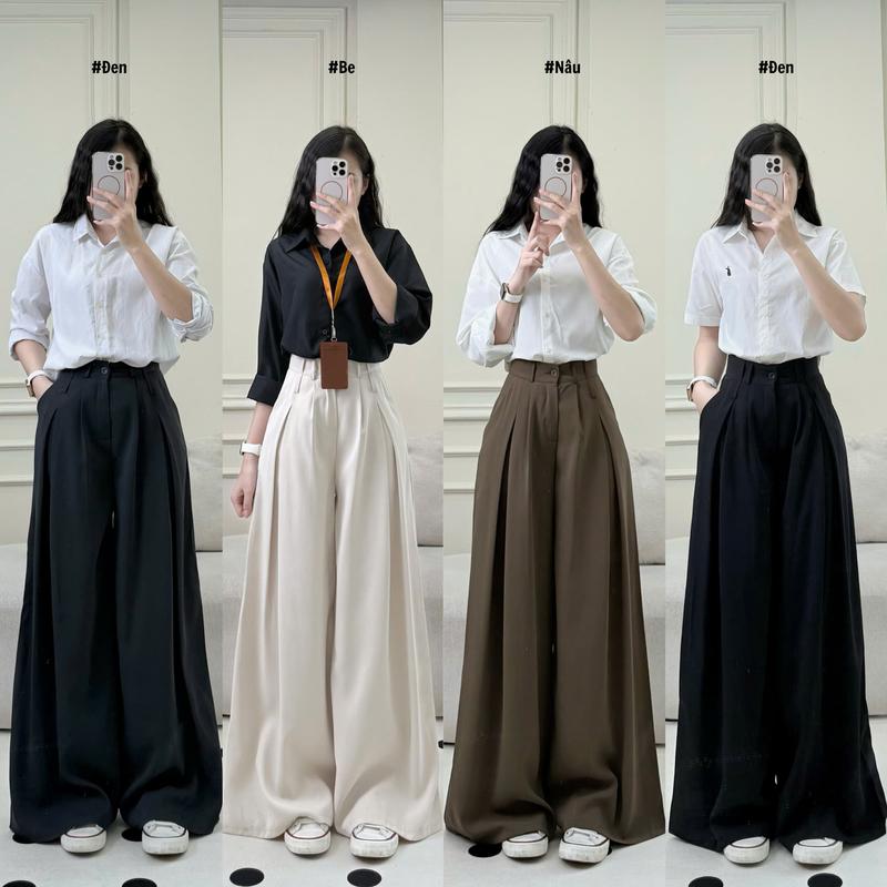 Quần ống siêu rộng chất gold dáng suông xếp ly ống rộng dài chùm phủ chân 390/455