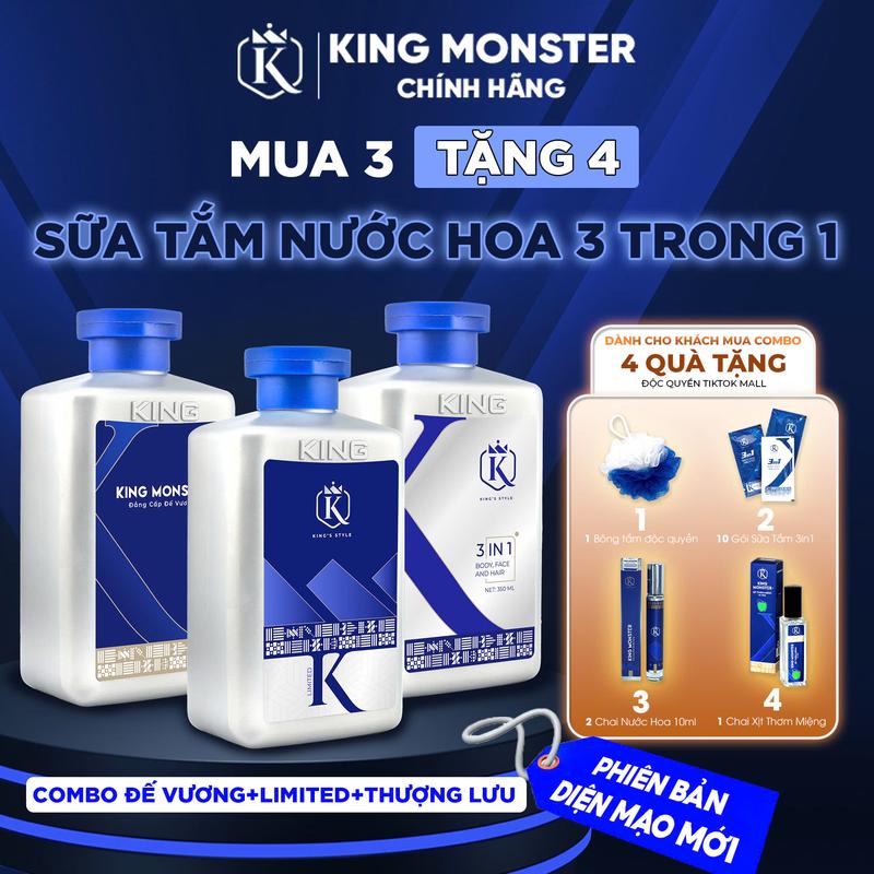 Mua 3 Tặng 4 Combo Best seller 3 chai sữa tắm gội nam 3in1 KingMonster dung tích 350ml Tặng 1 Nước Hoa+1 Bông tắm + 1 Dây 10 Gói + 1 xịt thơm miệng