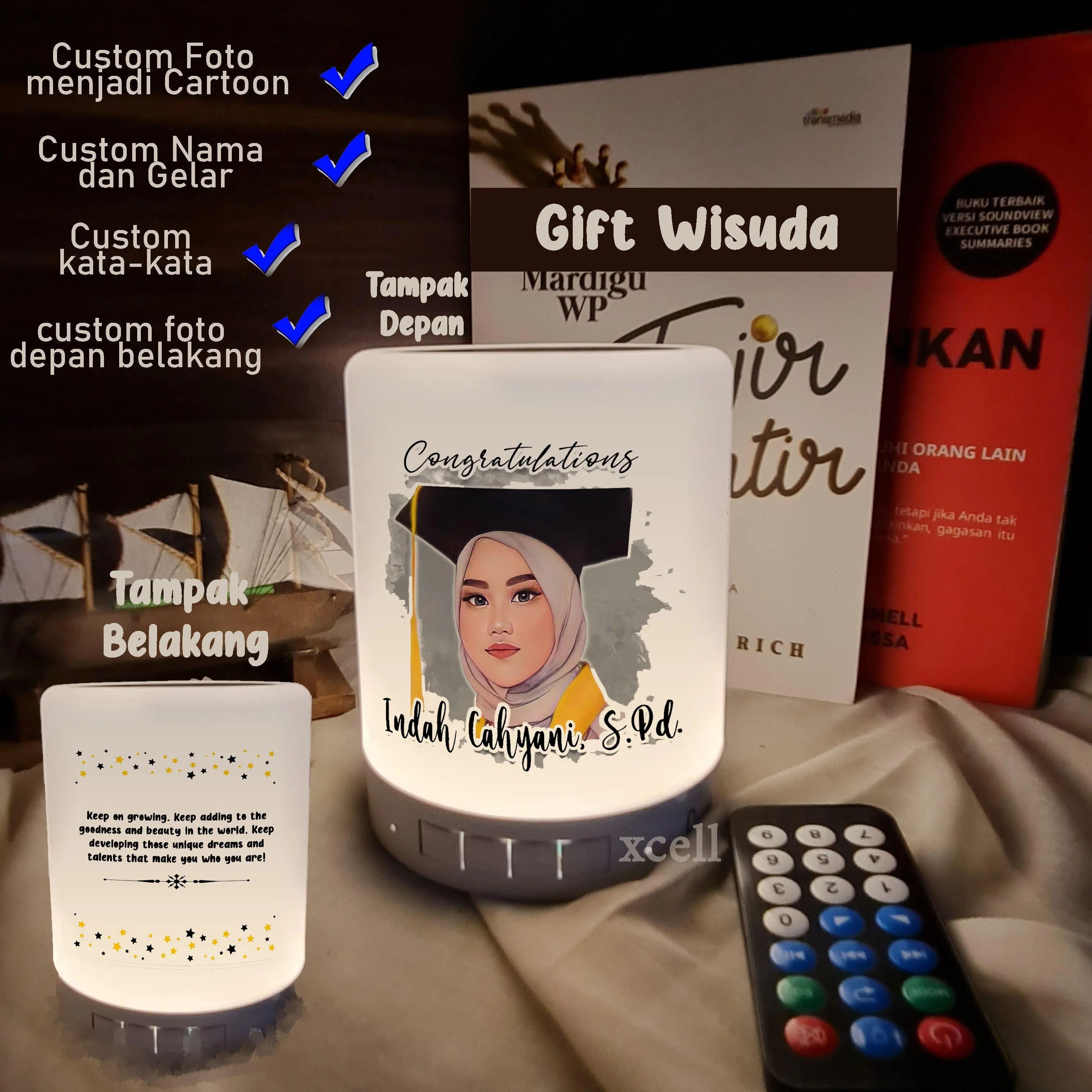 (CUSTOM FOTO CARTOON+NAMA) Speaker bluetooth + lampu LED hias tidur foto sketsa hadiah  Speakers