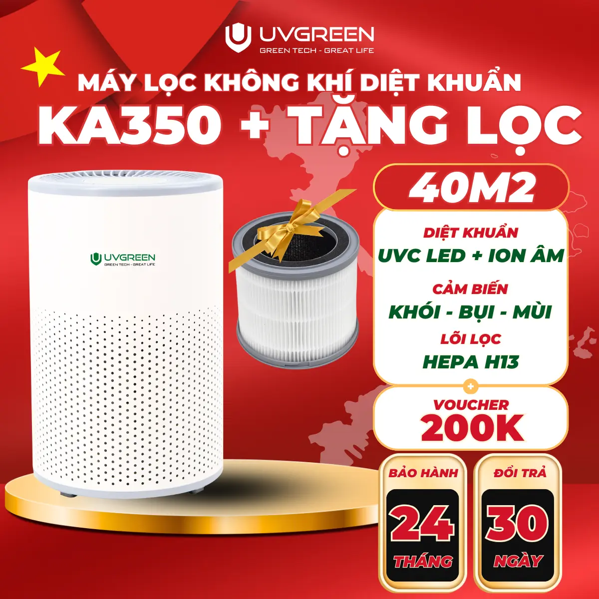 [UVG] [TẶNG LỌC 600K] Máy Lọc Không Khí Diệt Khuẩn UVGREEN KA350 UVC 40m2 - Công Nghệ UVC LED Và ION ÂM Hiện Đại, Làm Sạch không khí, Lõi HEPA H13 Sạch Bụi Mịn, Mùi Hôi, Khói, Lông Tóc, Bảo Hành Chính Hãng 24 Tháng, Air Purifiers