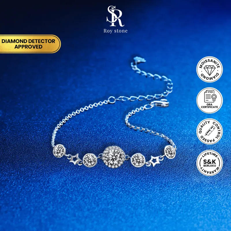 RoyStone - Gelang Luxury Round Bracelet Wanita Perhiasan Moissanite Sertifikat GRA Original Lapis Emas 18K 0