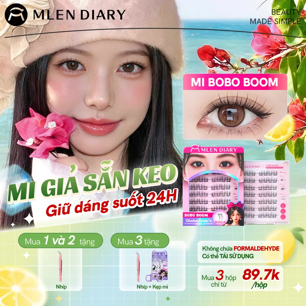 Mlen Diary – Mi giả, Mi cụm, Mi Tự Dính, Mi Sẵn Keo Pha Lê Đen, Phong cách cute, trong trẻo – Mi nhẹ, không keo, dễ dùng cho người mới,mi tự nhiên, mi baby, mi đi học, mi Hàn Quốc,nhẹ tênh, dán nhanh, mi đẹp dịu dàng - Mi Bobo Boom - Blingbaby series