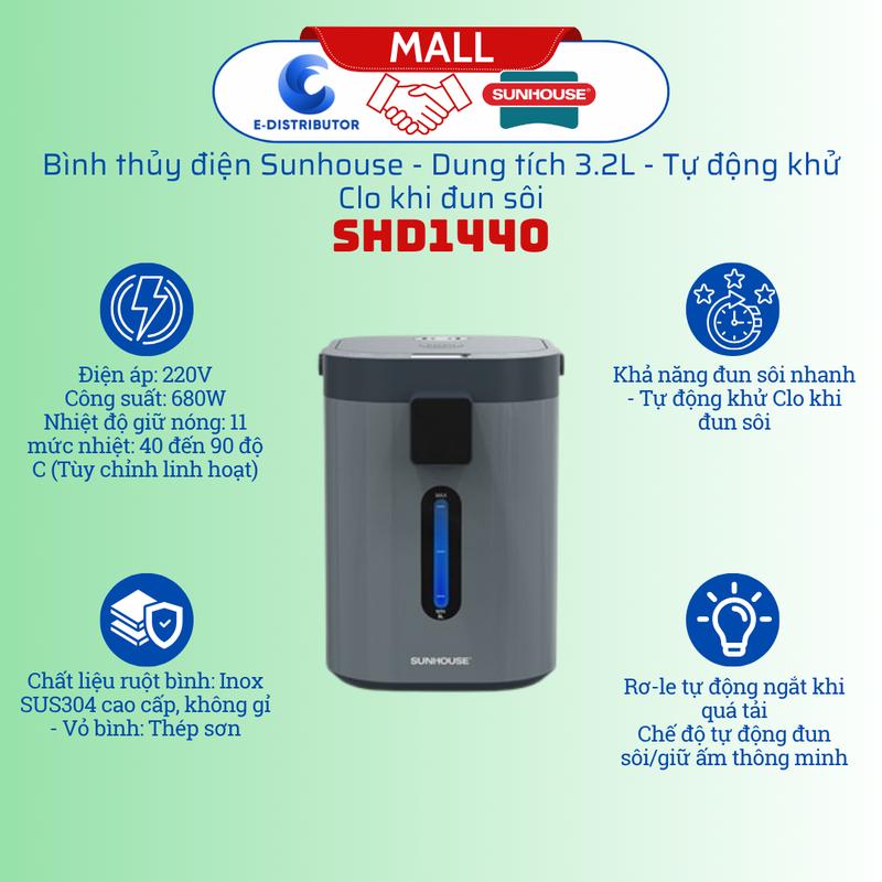 Bình thủy điện Sunhouse SHD1440, dung tích 3.2L, tự động khử clo khi đun sôi, chất liệu inox cao cấp