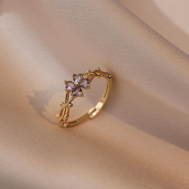Product Introduction of Nhẫn Hở Zircon Cho Nữ, Vàng, Lấy Cảm Hứng Từ Kyle, Tím, Cỏ Bốn Lá, Quà Tặng 6