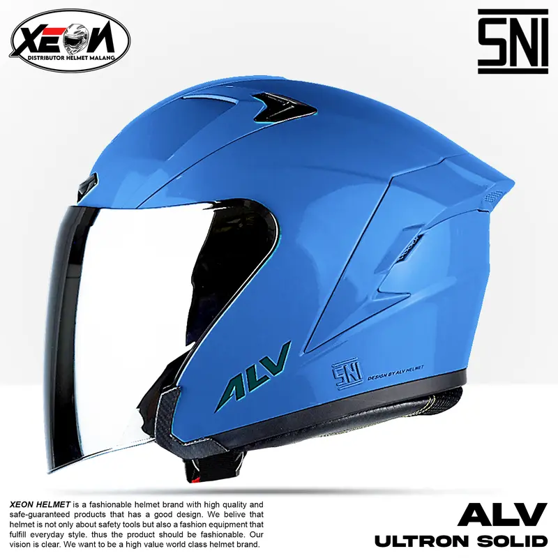 Helm Half Face ALV Ultron Solid Putih dengan Visor Flat Silver/Clear SNI Motorcycle 7