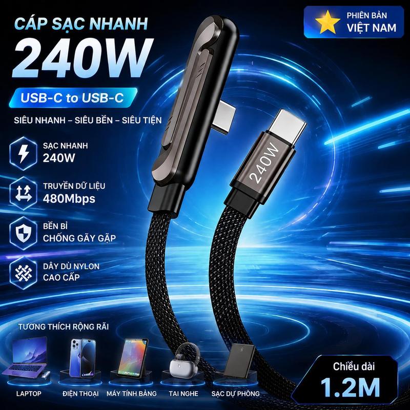 Cáp Sạc Điện Thoại Gấp Gọn 240W Cho iPhone 17 16 15 Pro Max Cáp LED Loại C Dành Cho Macbook Pro Xiaomi Dây Sạc Nhanh 1.5M