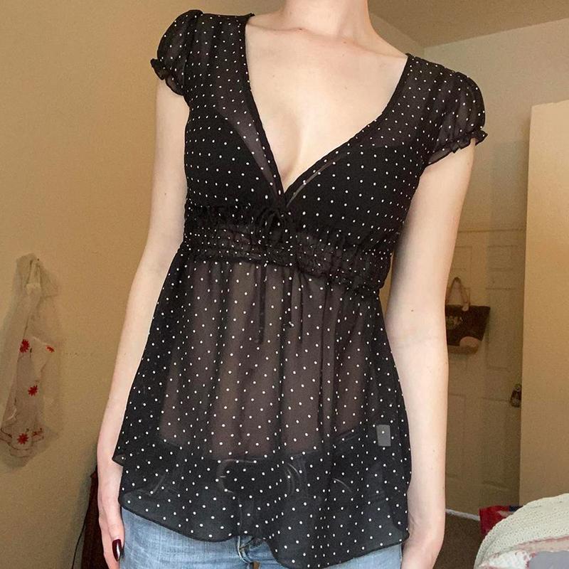 Áo Lưới Chữ A, Eo Thu Nhỏ, In Chấm Bi Gợi Cảm, Cổ Chữ V, Áo Khoác, Thanh Lịch, Chống Nắng, Quần Áo