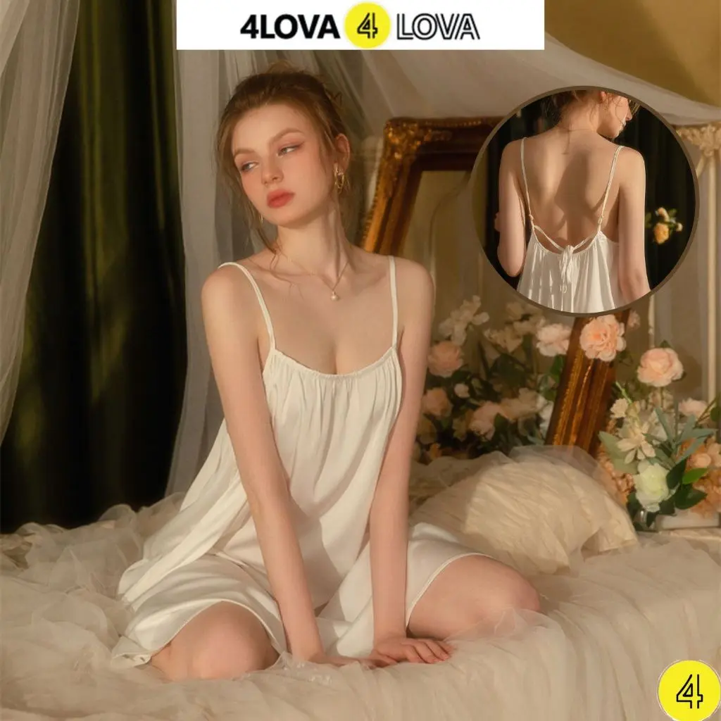 Váy Ngủ 2 Dây Dáng Suông Nơ Lưng Dễ Thương 4LOVA Chất Lụa Trơn Mềm Mại - Đầm Ngủ Nữ Women Dress Đồ Ngủ Nữ, Váy Xinh