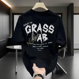 Kaos lengan pendek bergambar kupu-kupu dengan slogan latar belakang putih dan hitam gaya trendi atasan kerah bulat longgar