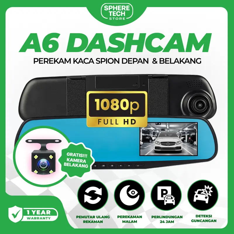 [COD] SPHERE TECH Dashcam Mobil A6 Resolusi 1080p Kamera Depan - Belakang Layar Kamera 4.3 Inci Night Vision Dual Lens Perekaman Loop 24 jam Car Kabel