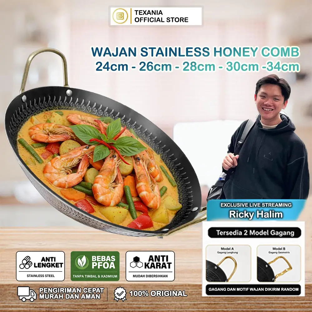 [EXCLUSIVE RICKY HALIM] Wajan Stainless Steel Honey Comb Anti Lengket Anti Karat Tahan Lama 24cm 26cm 28cm 30cm 34cm Kitchenware Motif Random