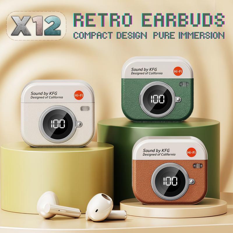  X12 Tai Nghe Retro  3 Quà tặng  1 Nhãn dán hoạt hình+1 Bao tay chơi game+1 Dây buộc Âm thanh nổi HiFi Chống nước iPX5 Micro tích hợp Thiết kế máy ảnh retro Điều khiển cảm ứng Tai nghe giảm tiếng ồn cho iPhone và Android 