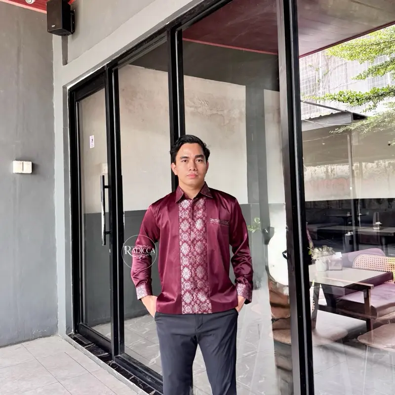 Kemeja Pria Satin Kombinasi Songket Furing Dewasa dan Anak