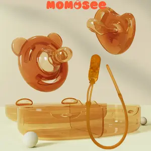 Momosee Dot Bayi Newborn 2 IN 1 Nano Perak Set Empeng Silikon Bayi Coklat BPA FREE Silicone BPA Free Baby Pacifier Dengan Rantai dan Kotak BB14 Kompeng