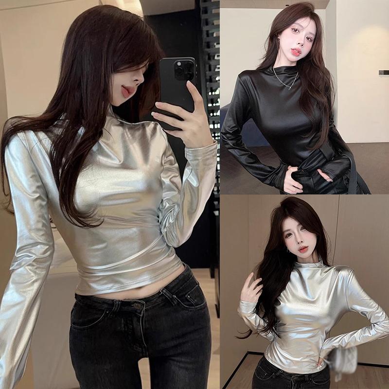 Áo Thun Thời Trang Phong Cách Mỹ, Dành Cho Nữ, Cổ Nửa Cao, Bóng Loáng, Dễ Phối Đồ, Dài Tay, Áo Trên Top Women Khuy Sơ Mi Shirt