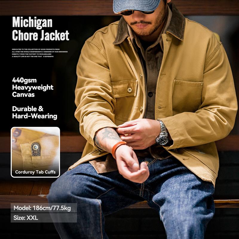 Áo Khoác Vải Bố Michigan Cổ Điển MADEN, Dành Cho Nam Giới, Áo Khoác Tiện Ích Safari, Thiết Kế Hạng Nặng Và Nhiều Túi, Cổ Áo Chắp Vá Vải Nhung Kẻ, Phong Cách Tiện Ích