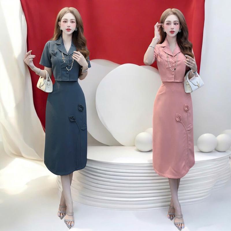 Set áo váy thiết kế CRAZYTEEN S5991 dành cho nữ gồm áo kiểu form suônh tay ngắn và chân váy dáng dài để đi chơi ( Áo tay ngắn/ Chân váy )