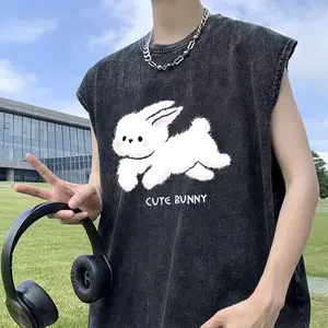 Rompi olahraga kasual bergaya retro Amerika dengan efek usang dan pudar, kaos tanpa lengan, atasan fitness longgar untuk pria dan wanita, atasan termurah.