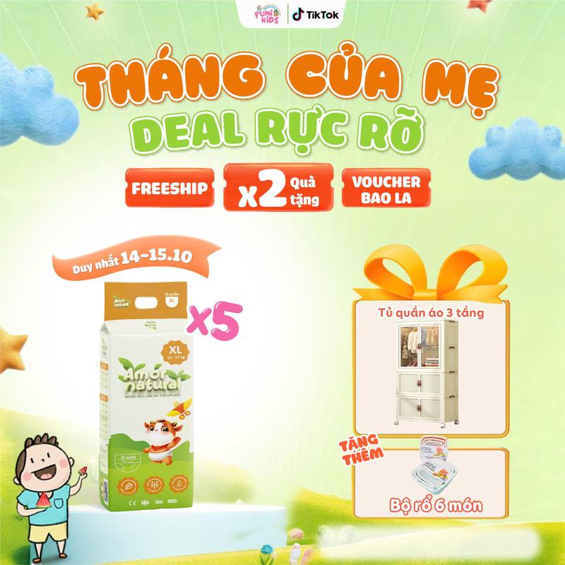 (5A) [TẶNG TỦ QUẦN ÁO GẤP GỌN 3 TẦNG] COMBO 05 BỊCH TÃ BỈM VIỆT AMOR NATURAL dán/ quần, bỉm Việt chất lượng, mỏng nhẹ, thấm tốt size NB/S/M/L/XL/XXL/XXXL/XXXXL cho bé, tã bỉm ngày và đêm bỉm