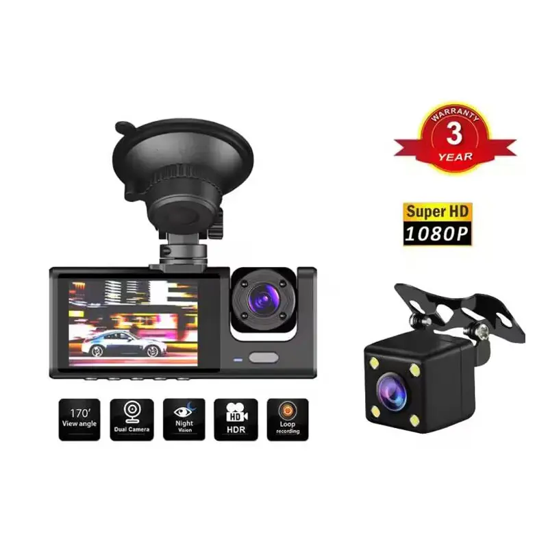 24 Hours Record 1080P FHD Wifi 3 Camera Dashcam for Car Front + Interior + Back / Rear Dash Cam Night Vision Parking Mode Car DVR Driving video Recorder