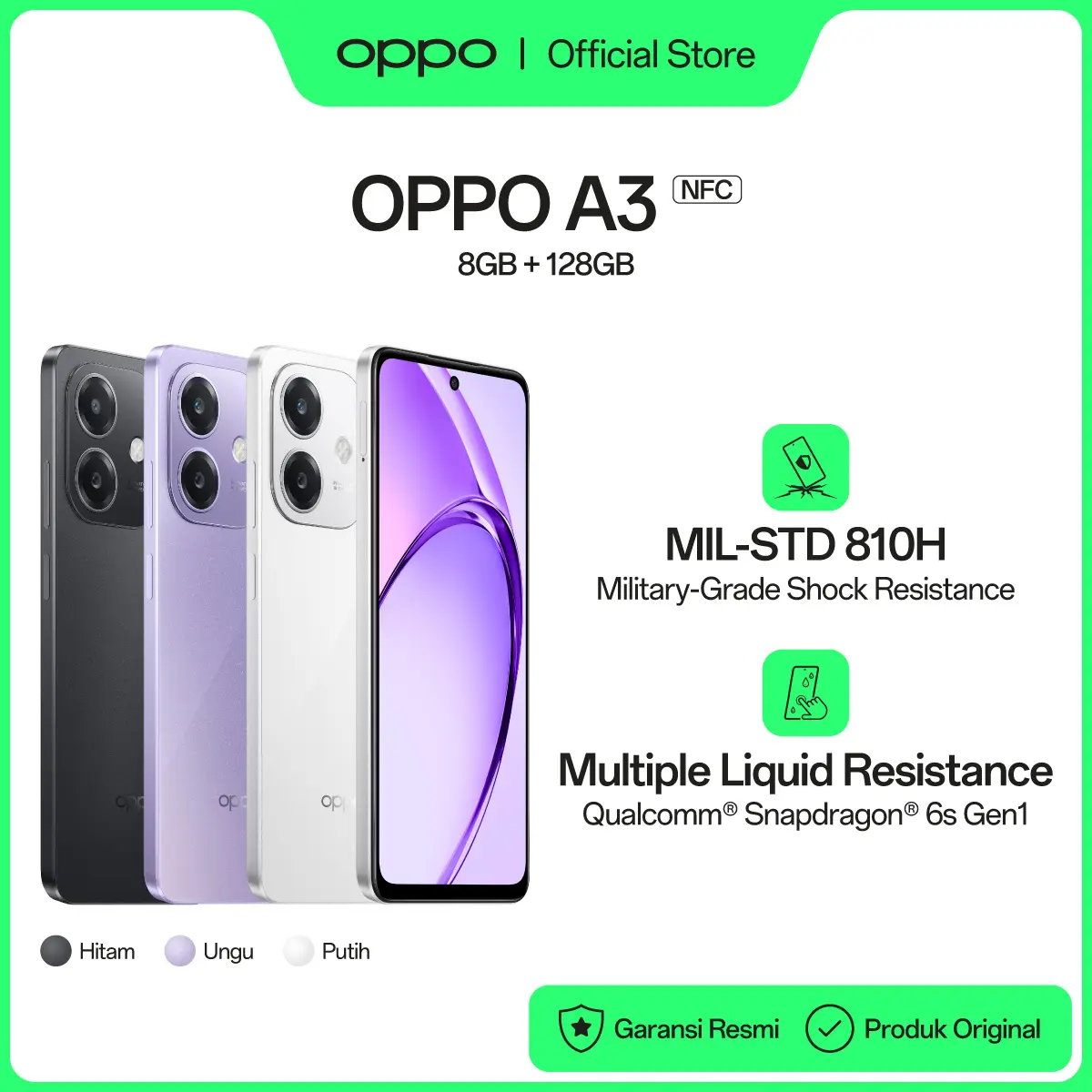 [ONLINE EXCLUSIVE] HP OPPO A3 NFC 8GB/128GB [Military-Grade Shock Resistance, Snapdragon 6s Gen 1 45W SUPERVOOC]