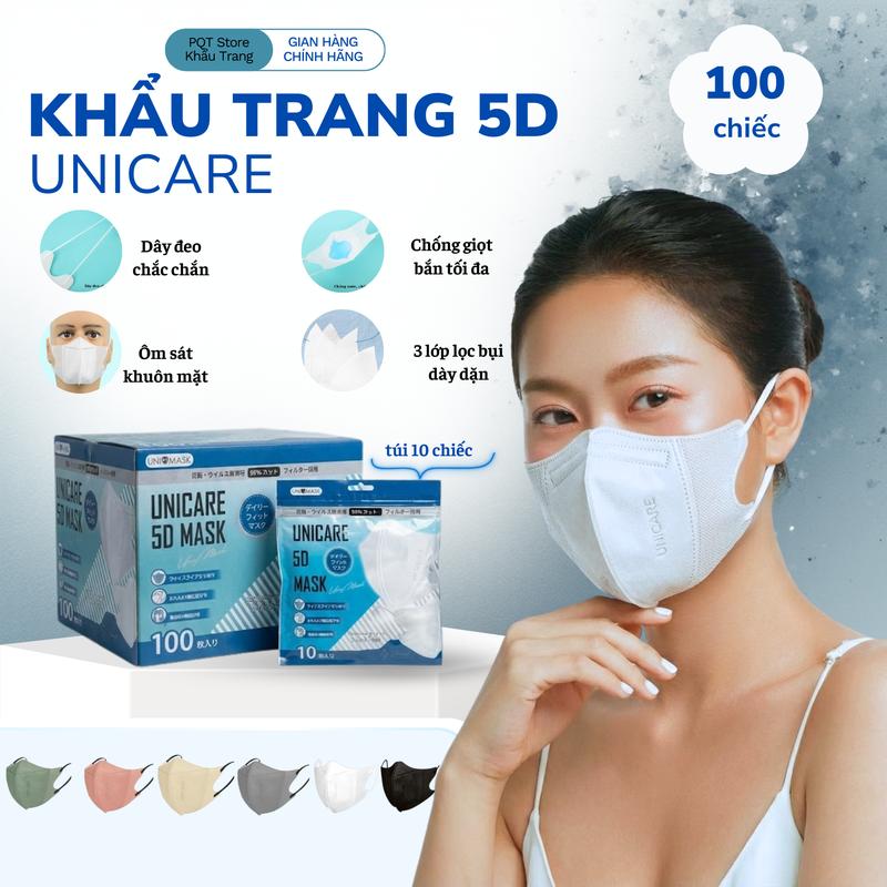 GIÁ SỐC Thùng 100 Khẩu Trang 5D UNICARE Quai Mềm Không Đau Tai - Kháng Khuẩn Chống Bụi Mịn & Tia UV