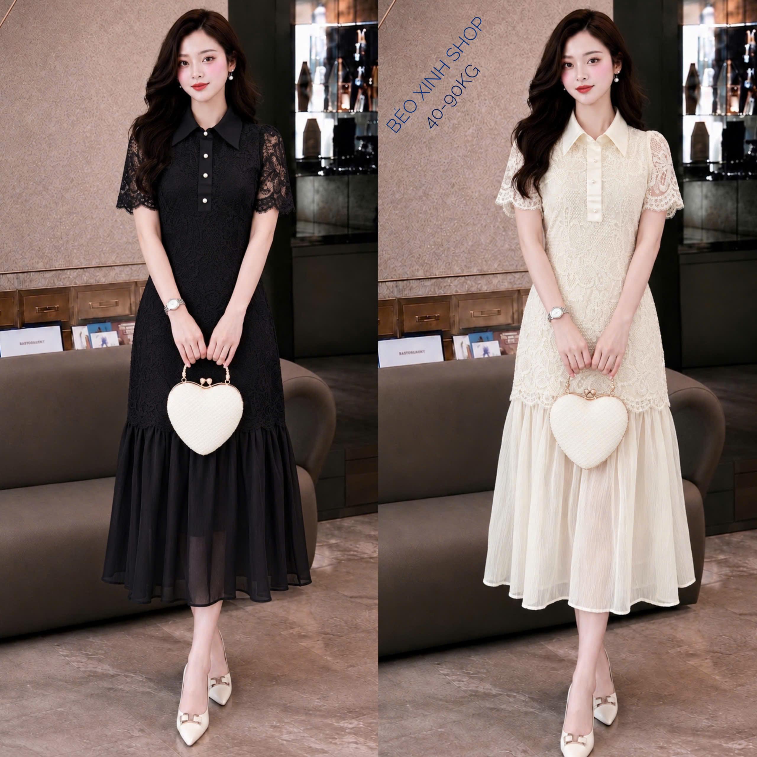 Đầm Ren Nữ Cổ Sơ Mi Phối Voan Dáng Dài Thanh Lịch Bigsize 40–90kg Béo Xinh Shop - A.1902