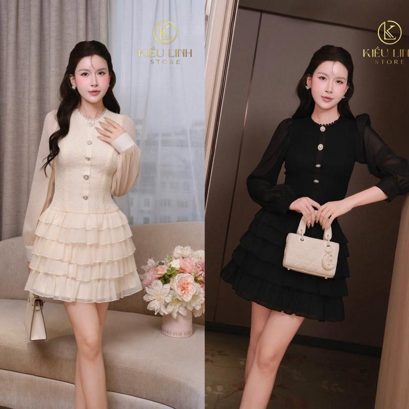 [Kiều Linh]-Váy Dự Tiệc Thiết Kế Dài Tay KL575 chất liệu Tơ  óng vân chân váy Xếp tầng, Đính Cúc Trai, Viền Cổ Ren, 2 Lớp Lót, Giấu Đường May