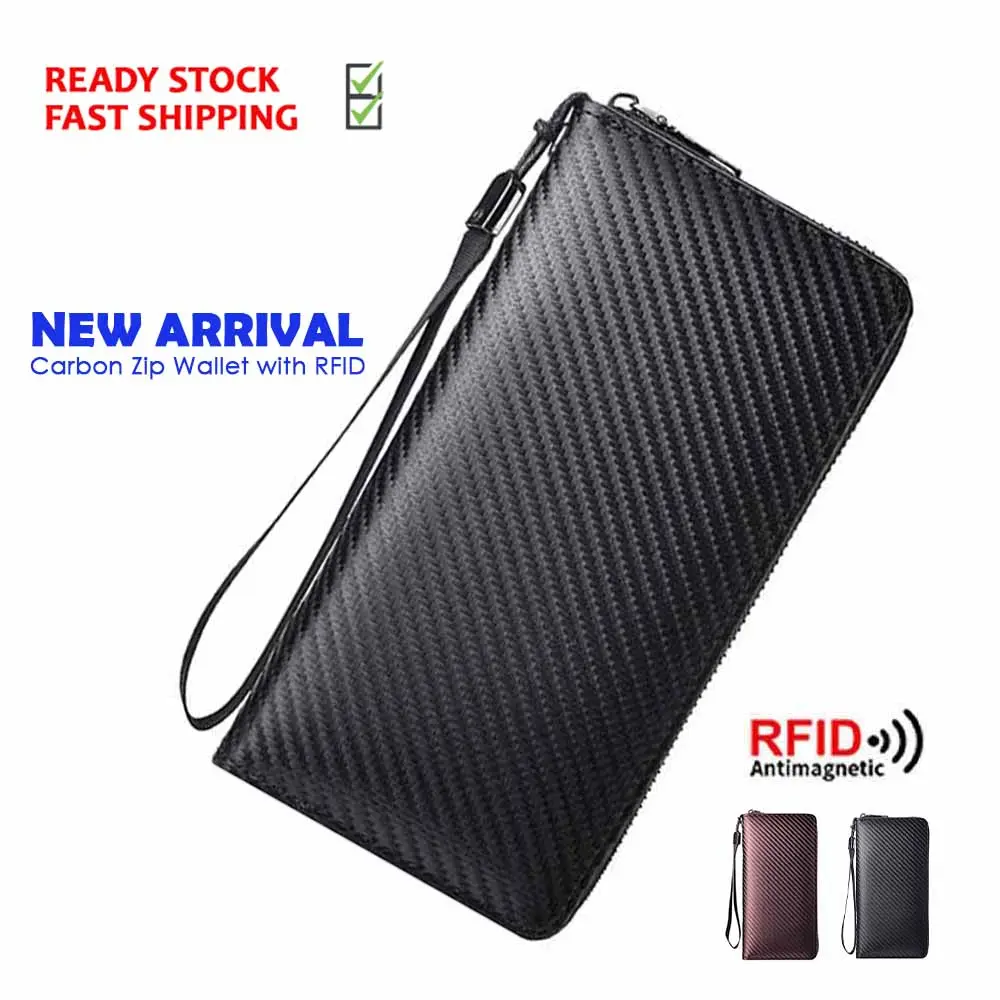 Ready stock men zip long wallet with RFID function Dompet carbon fiber unisex (W-036)