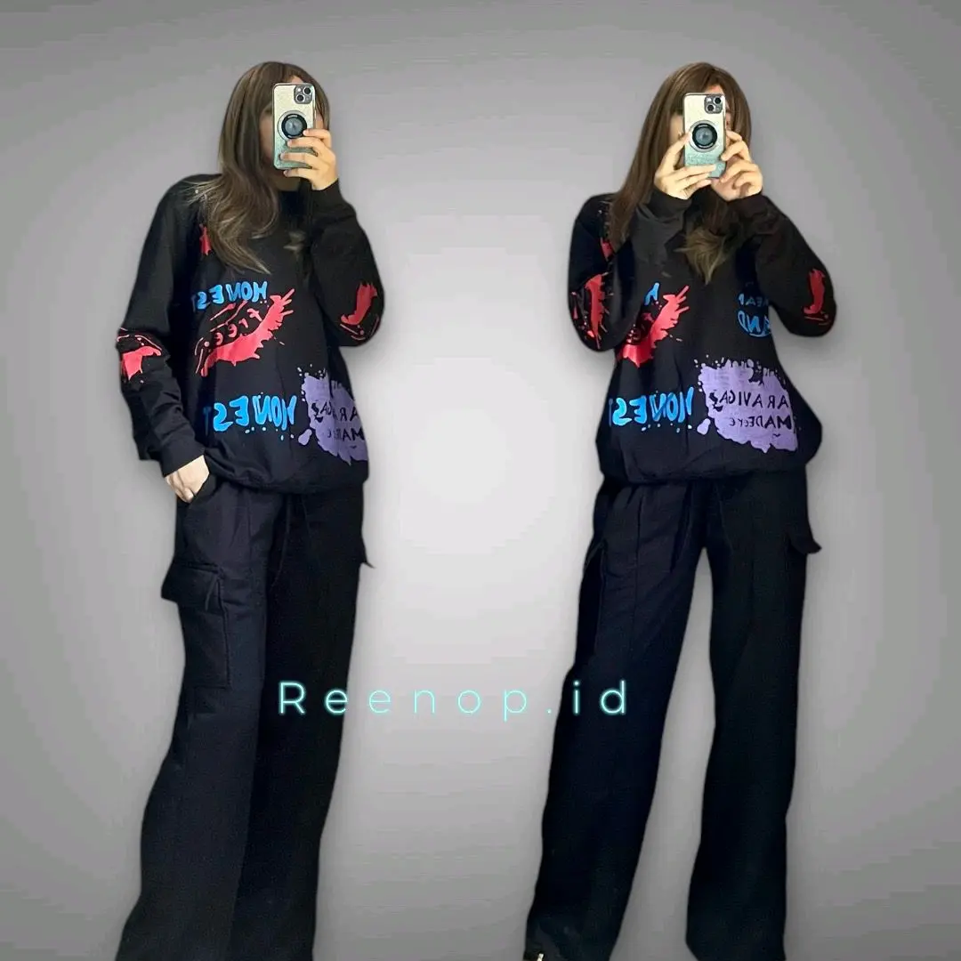 Hones Setelan Sweater Wanita Korea Motif Terbaru/  Baju Celana  Hitam Putih Sablon Tangan Panjang Dewasa & Remaja