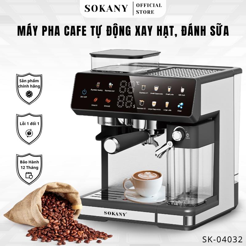  Máy pha cà phê xay hạt cafe tự động SOKANY SK-04032 tự động đánh sữa dễ sử dụng tại nhà Espresso Capuchino Latte 