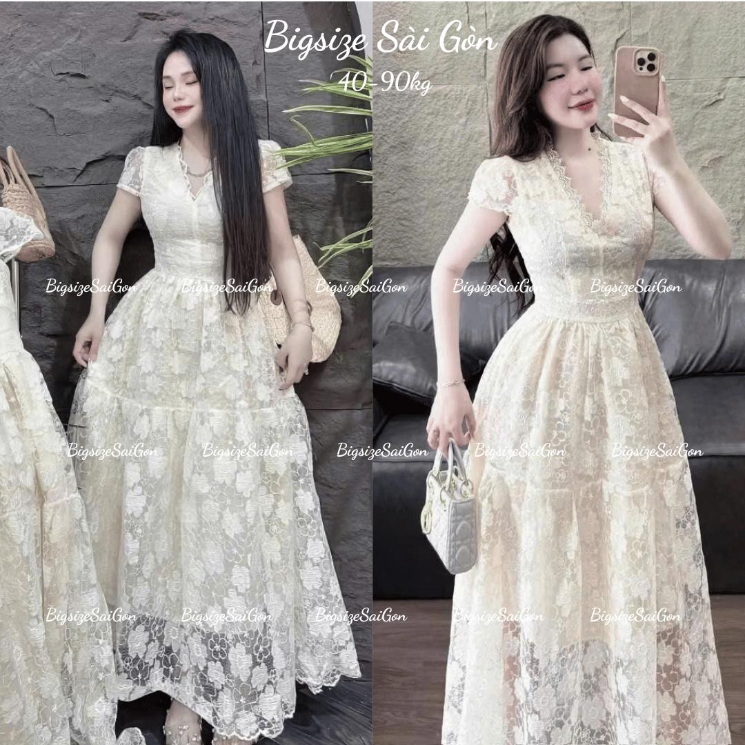 Váy Ren Hoa Dự Tiệc Thiết Kế Cổ V Phối (Vải Ren Hoa Cao Cấp) Thanh Lịch Sang Trọng Cho Các Nàng Bigsize 40–90kg Thời Trang Nữ  - B.1600