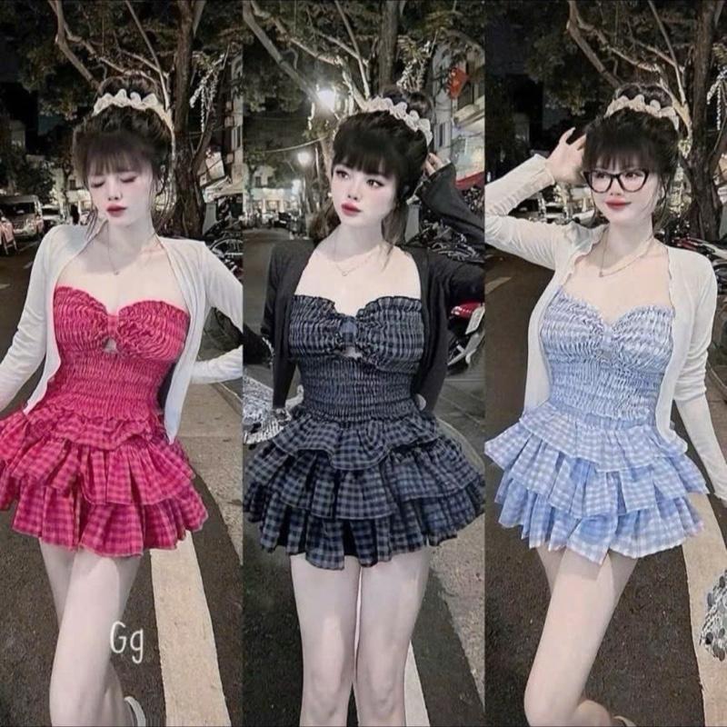 Live/ BỘ ÁO CÚP NGỰC CARO+ VÁY TẦNG [ KHÔNG KÈM KHOÁC ] bigsize 48-90kg