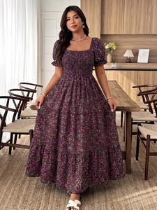 Vestido floral vintage francés de talla grande, vestido largo con mangas abullonadas y escote cuadrado, estilo rústico elegante, perfecto para vacaciones y fiestas nocturnas