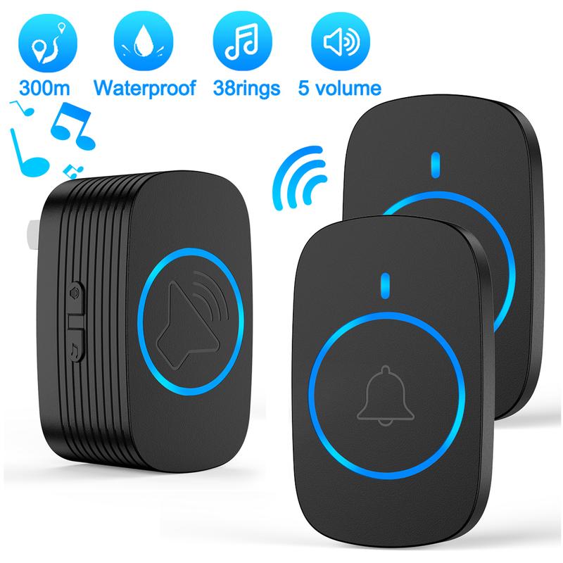 Chuông cửa không dây tại nhà 2 nút 1 bộ thu, Bộ thu cắm, Nút chống thấm nước, Phạm vi hoạt động 1000 Foot, 5 mức âm lượng, 38 âm thanh Chuông, đèn LED nhấp nháy