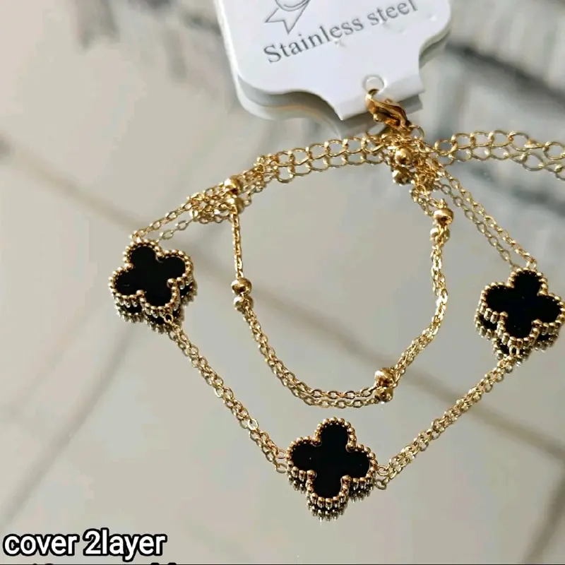 Gelang Tangan Rantai Gold Bunga Boba Titanium 2 Layer Anti Karat Wanita - Bracelets Aksesoris Elegan 1
