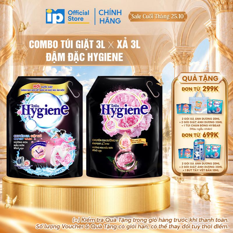 Combo Túi Nước Giặt Đậm Đặc Hygiene 3L x Nước Xả Vải Đậm Đặc Hygiene 3L - Hương Hoa Mẫu Đơn