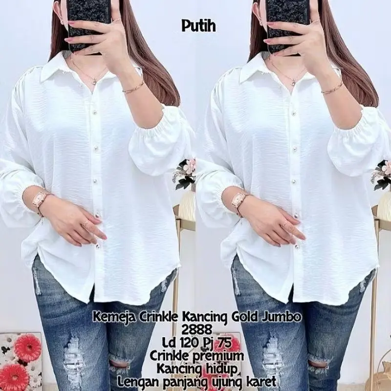 HARGA FLASH SALE!!!KEMEJA CRINKLE POLOS WANITA JUMBO KANCING GOLD