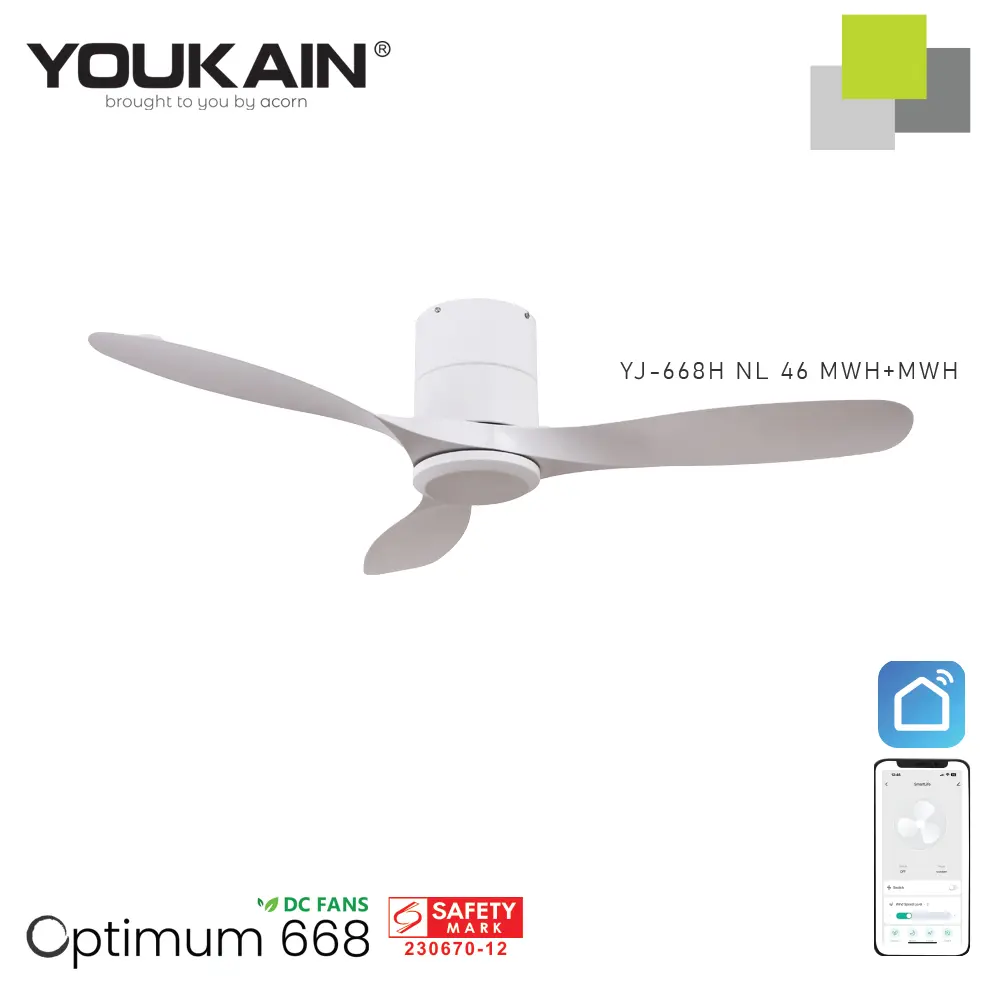 Youkain Optimum YJ-668H MWH | 46 Inch Ceiling Fan | 24W LED Tri-Color Dimmable or No Light | Hugger & Sleek | SMART App