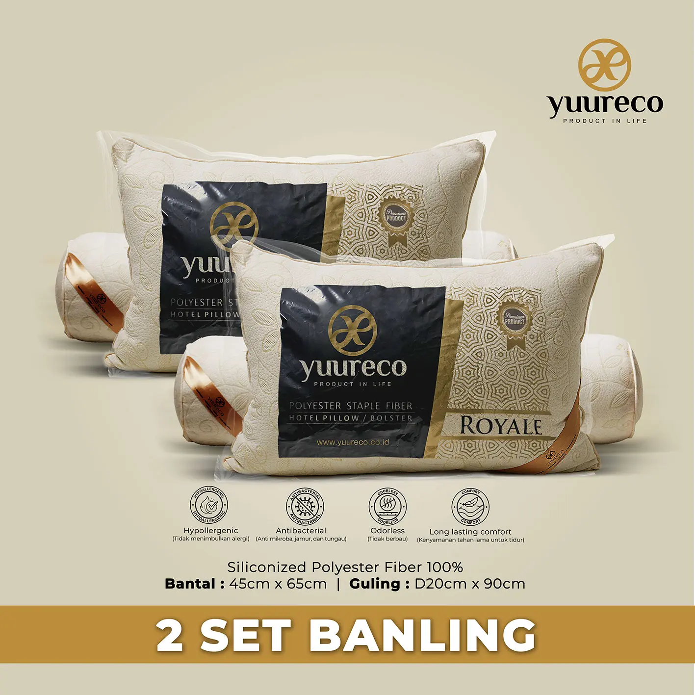 Paket 2 Bantal dan 2 Guling Dacron Hotel Soft Series Royale by yuureco