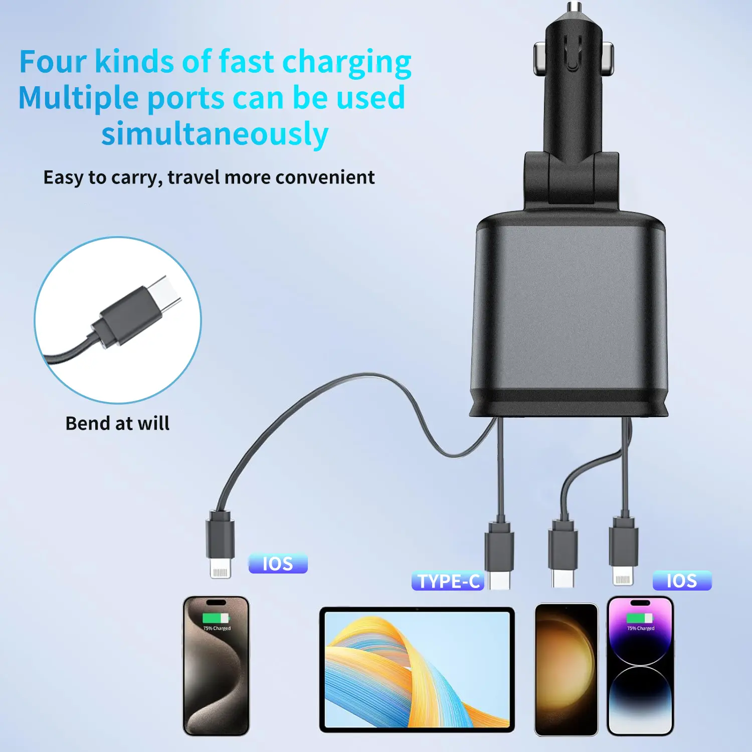 New 120W multi-functional car charger for car charging elastic recovery for Apple jack and Typr-C with numerical display direction adjustable multi-interface work luggage  holder universal  travel tessan  travel Ultra-Fast Multi-Device