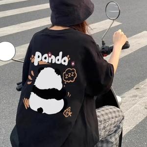 かわいいパンダ柄プリント婦人用半袖Tシャツ、丸首、ゆったり、純綿カジュアルトップス、丸首、ショルダーベルト、ゆったりシルエット、通気性、肩落ちデザインプリントTシャツ夏のゆったりタイプ
