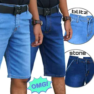 Celana Jeans Pendek Pria Streetch Biru Muda Slimfit Fit Cowok Dewasa Distro Skinny Stretch - Denim accent selvedge