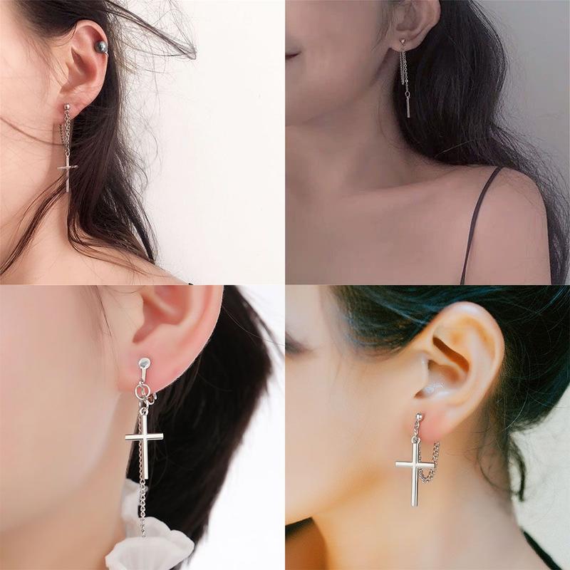Bông Tai Dây Chuyền Chữ Thập, Đen Trông Đẹp Trai Và Siêu Ngầu, Không Cần Xỏ Lỗ, Kiểu Kẹp Tai, Bungee 1