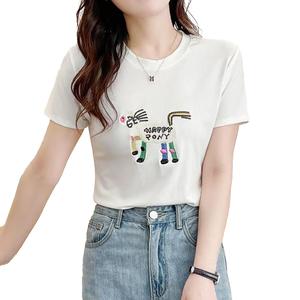 Embroidered pony round-neck T-shirt, a versatile piece for ladies' daily wear, top piece unlocks ladies' casual style