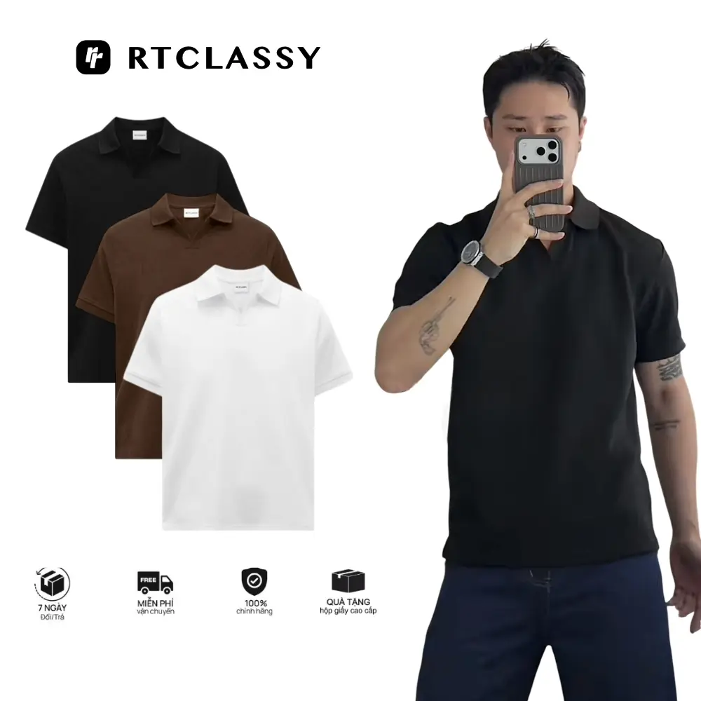 Áo Polo Cổ V RTCLASSY Vải Cotton Dệt Chéo Dày Dặn Form Regular Trẻ Trung