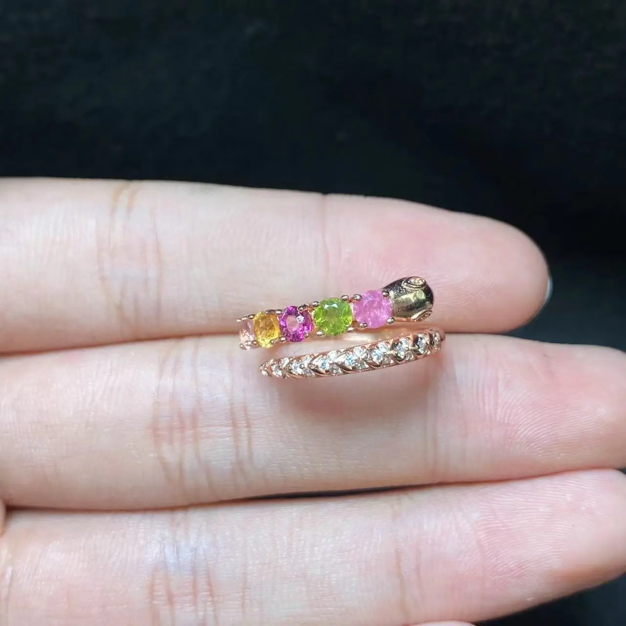 CloudjewelryGlobal Fashion Design Gemstone Ring Double Layered Tourmaline Adjustable Ring Everyday Jewelry Ring Gift