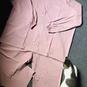 Aimon Jas Hujan Unisex Warna Pastel Setelan Jaket & Celana Tebal Waterproof Parasut PVC 0.25 Elastis dengan Karet Selangkang dan Sablon Logo Menyala Ukuran L XL XXL