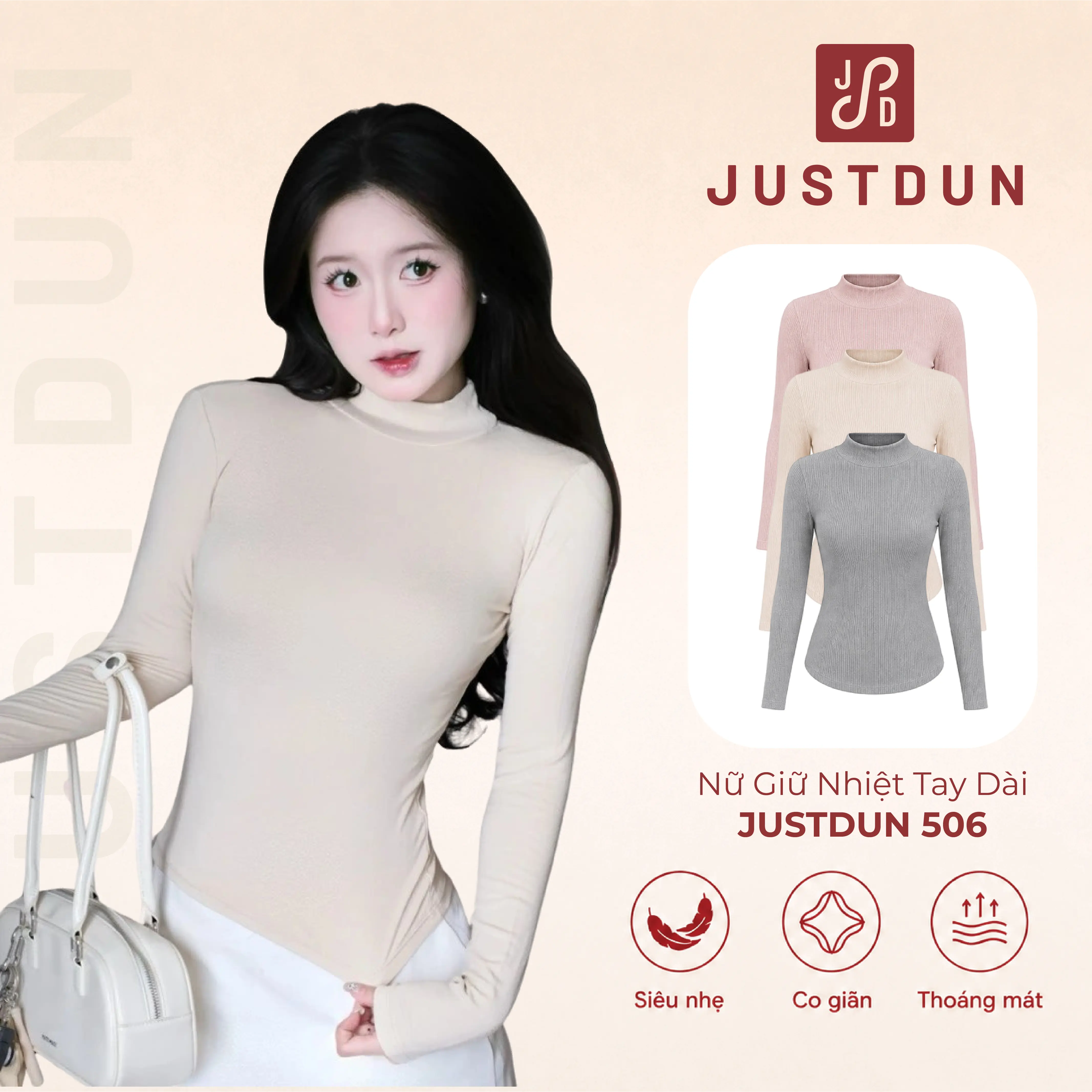 [DEAL XẢ KHO] Áo Thun Nữ Ôm Body Tay Dài, Cổ Cao 5 Phân JUSTDUN 506 - Chất Cotton Mịn Cao Cấp, Co Giãn 4 Chiều